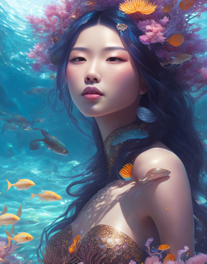 Digital Artwork: Woman Submerged in Water with Coral, Fish, and Aquatic Jewelry