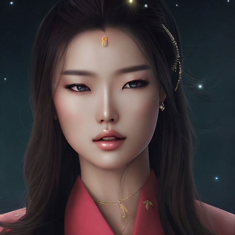 Digital artwork: Woman in traditional Korean attire with ethereal glow and jewelry on starry background