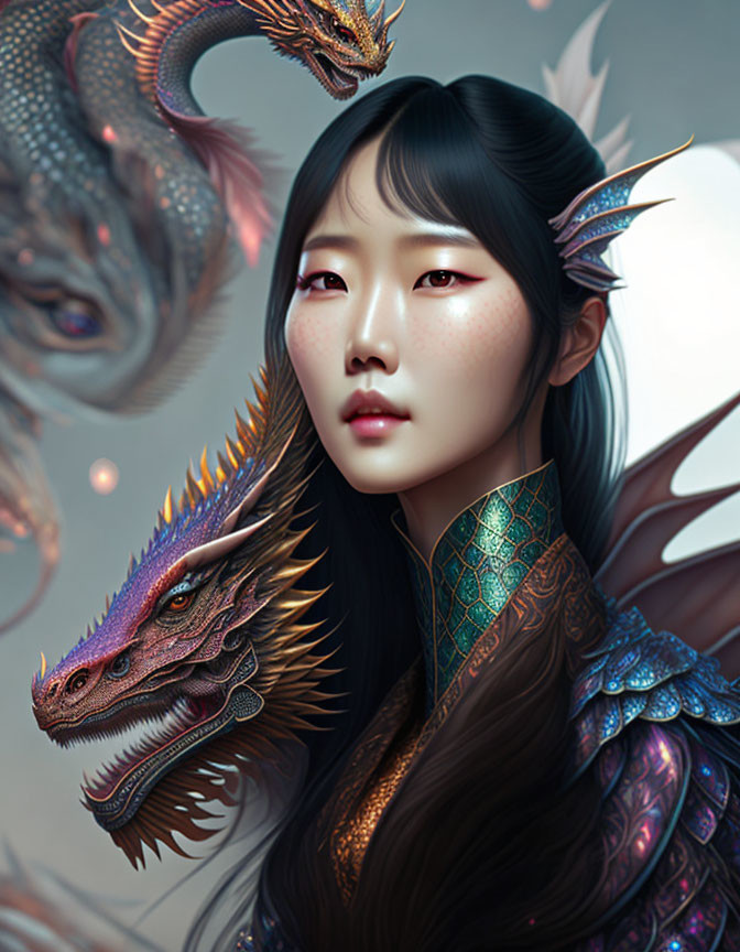 Digital artwork of a woman with mystical dragon in iridescent scales