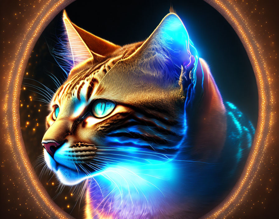 Digital Artwork: Glowing Blue Outlined Cat with Intense Blue Eyes