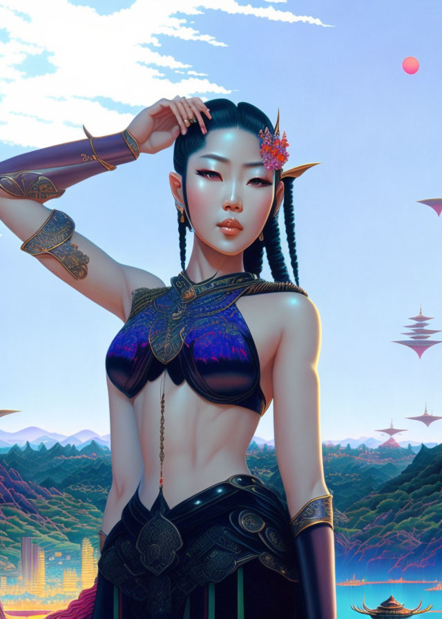 Illustrated female character with black hair in braids against fantasy backdrop.