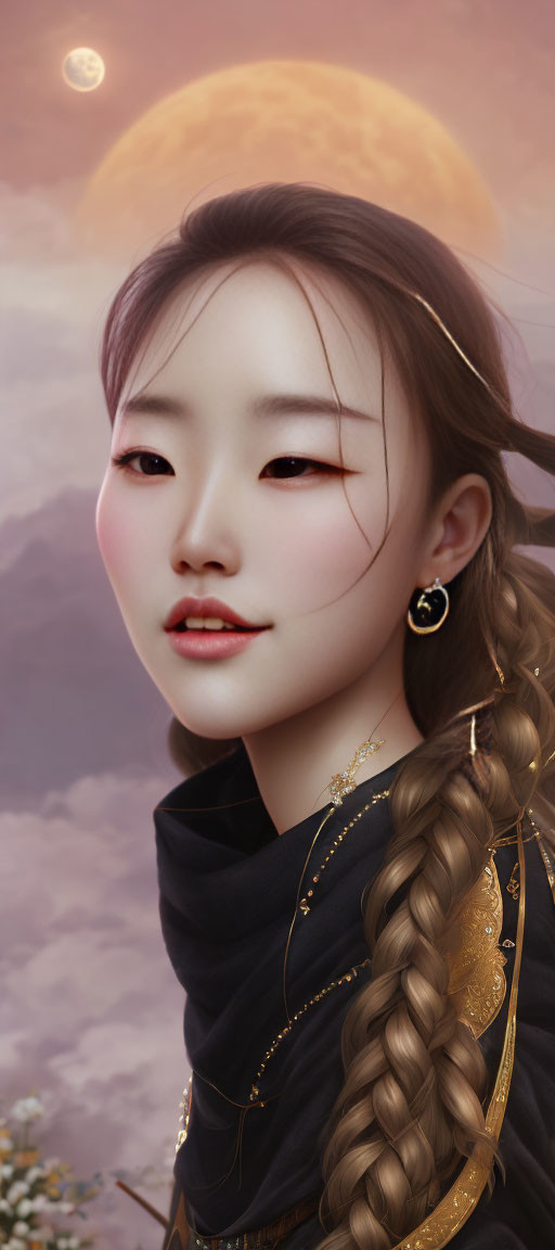 Young woman with braided hair and golden earrings in front of sun and clouds.