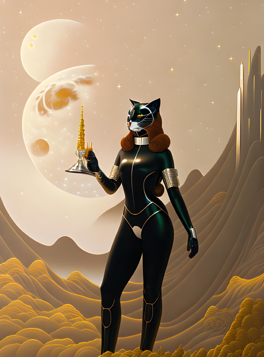 Futuristic black cat in suit on alien landscape with golden structure