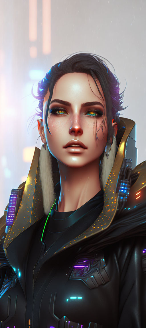 Futuristic digital artwork of a woman in neon armor