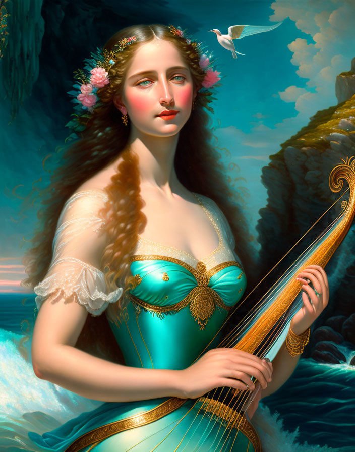 Woman with floral crown playing lyre by the sea with dove and crashing waves