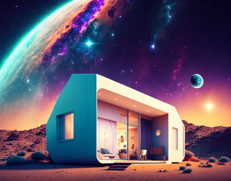 Futuristic house on alien desert with vibrant galaxy, two planets, twilight