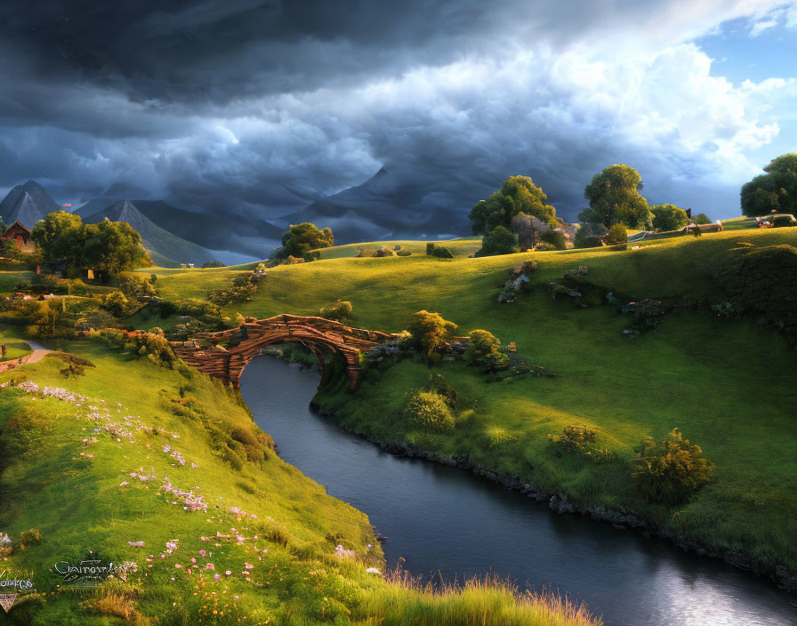 Tranquil stone bridge in lush landscape under dramatic sky