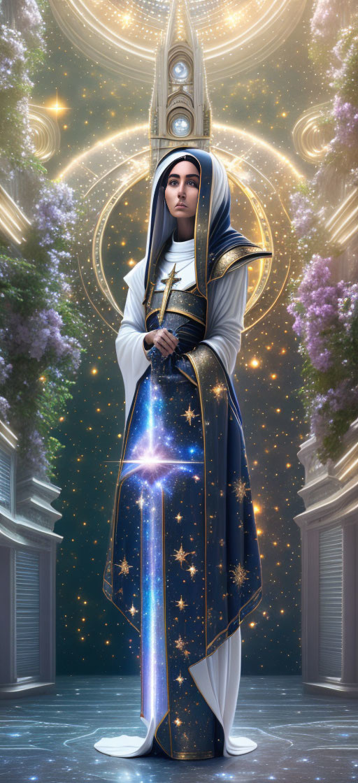 Regal Figure in Celestial Robes with Sword and Cosmic Surroundings