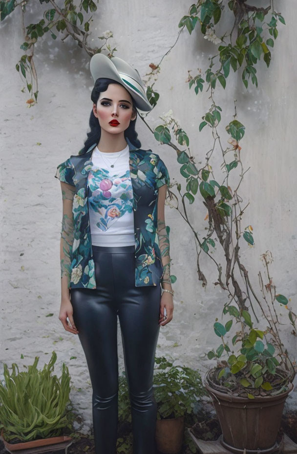 Stylish woman in floral jacket and leather pants against white wall