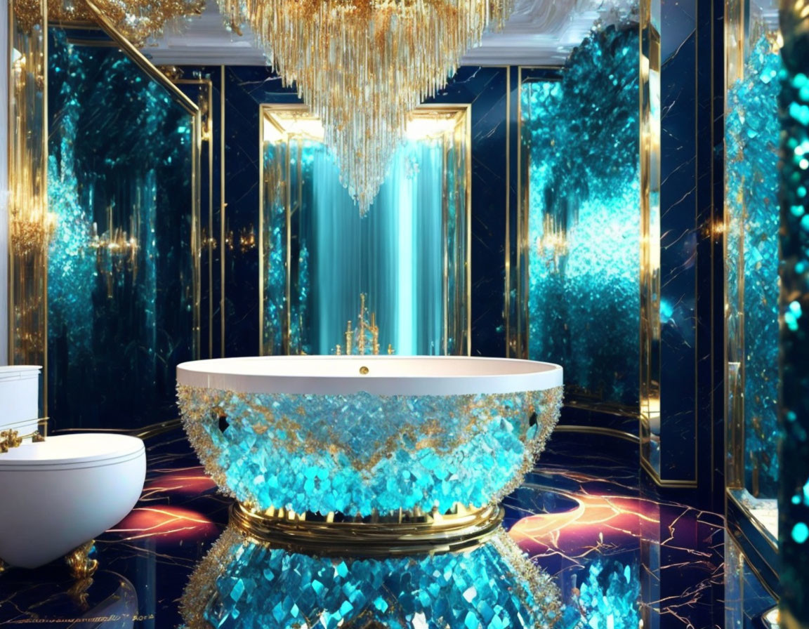 Opulent bathroom with crystal-adorned bathtub, gold accents, and blue geode walls