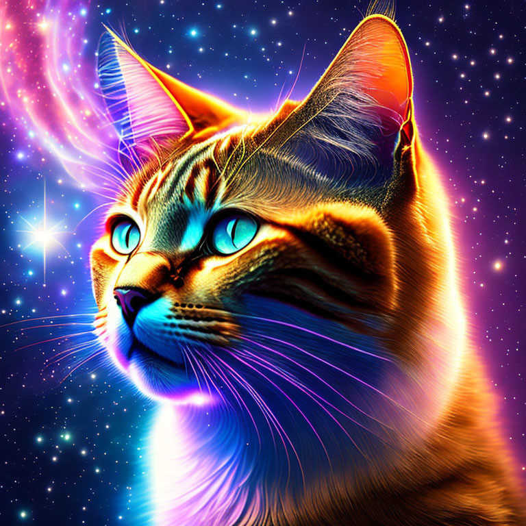 Colorful Tabby Cat Portrait in Cosmic Setting