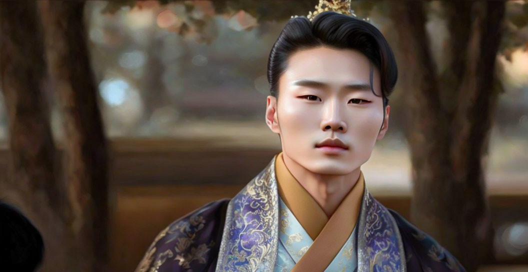 Man in Traditional Korean Hanbok with Purple Design Against Tree Backdrop