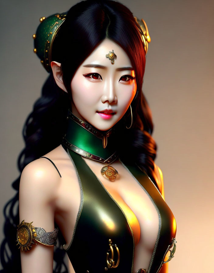 Fantasy-inspired illustration of a woman with long, wavy black hair and gold accessories