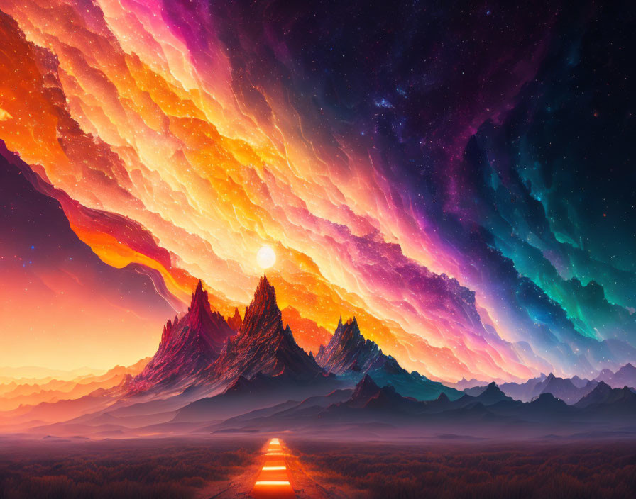 Colorful digital artwork: Mountain range under starry sky