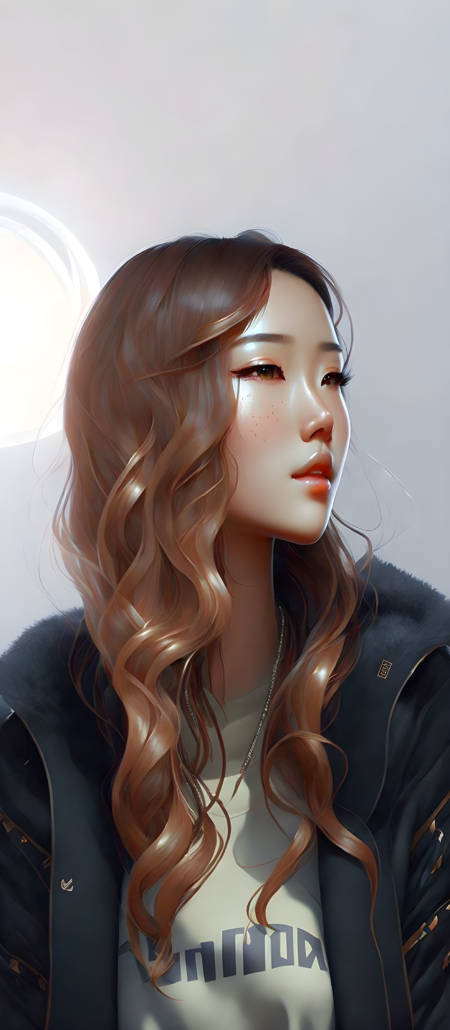 Digital artwork: Woman with wavy hair, freckles, jacket, soft backlight