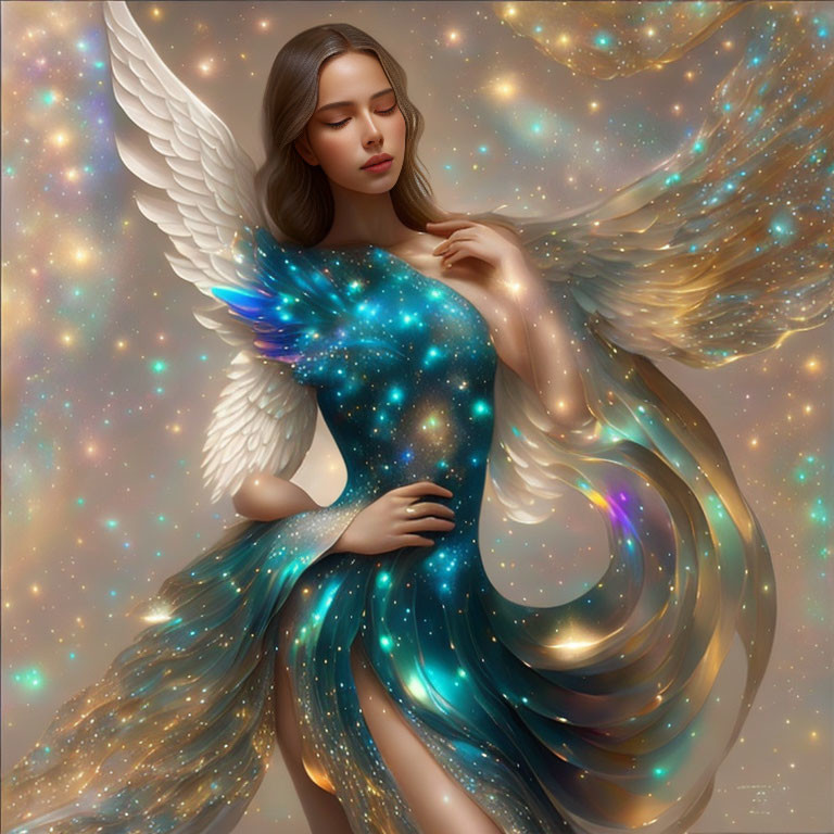 Detailed illustration of angelic figure with flowing hair, starry gown, and cosmic wings.