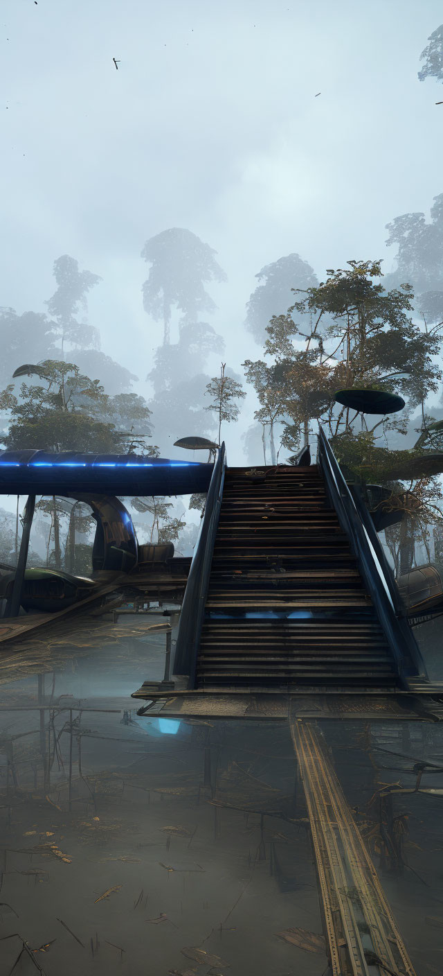 Futuristic blue bridge over misty swamp with large trees under cloudy sky