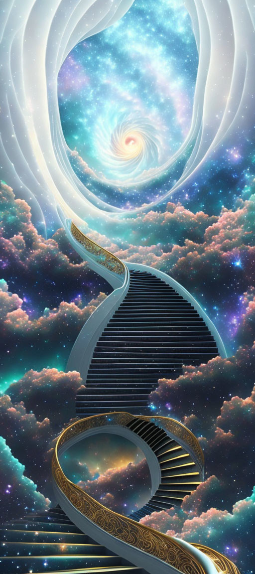 Fantastical stairway twisting into celestial portal against galaxy backdrop