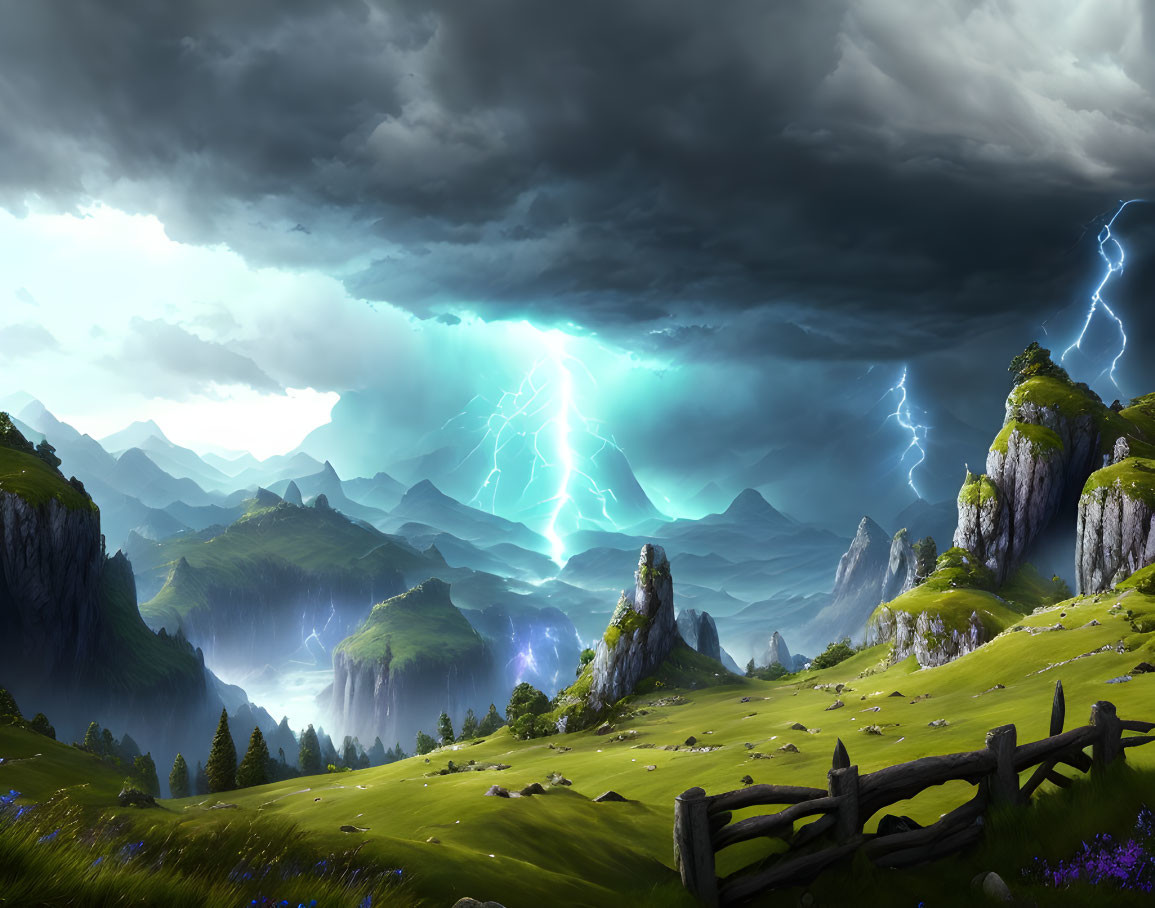 Rolling hills, jagged cliffs, wooden fence under stormy sky with lightning bolts