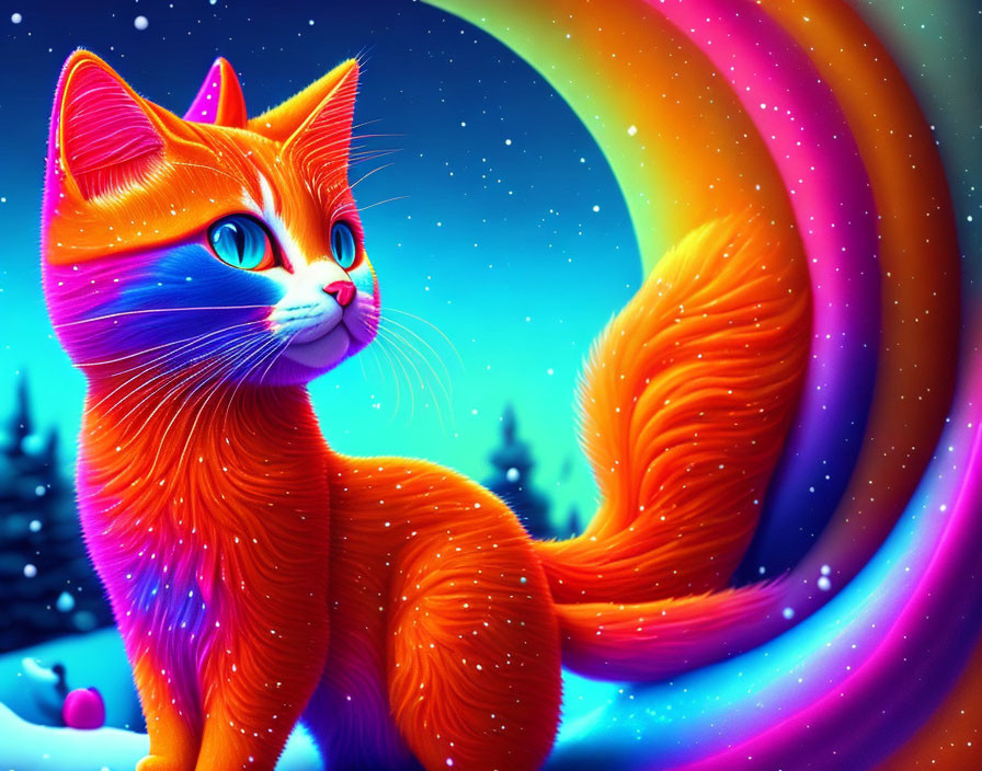 Colorful Digital Art: Orange Cat with Blue Eyes and Neon Rainbow Background