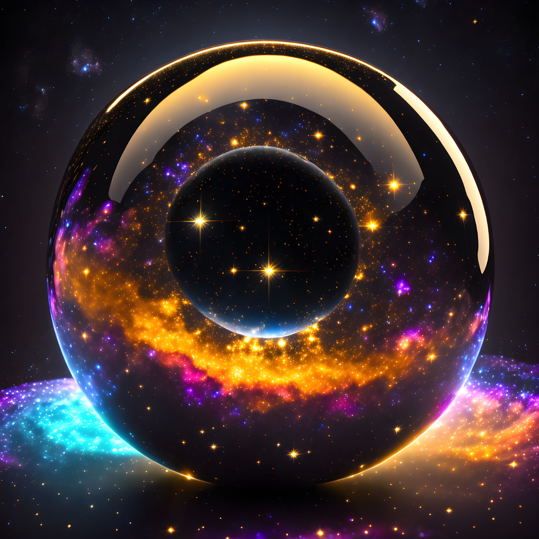 Abstract cosmic design with spherical object and star-filled nebulae on starry space background