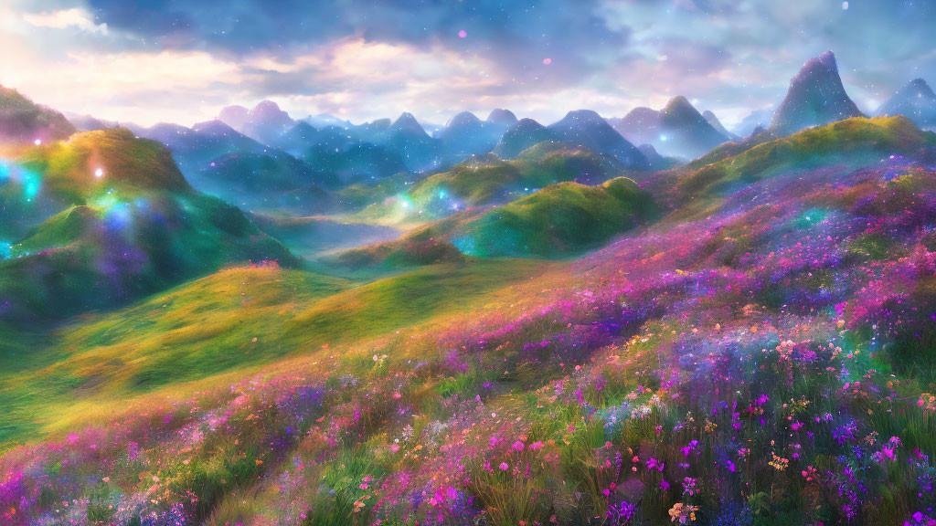 Colorful Fantasy Landscape with Starry Sky, Lush Flora, and Magical Mountains