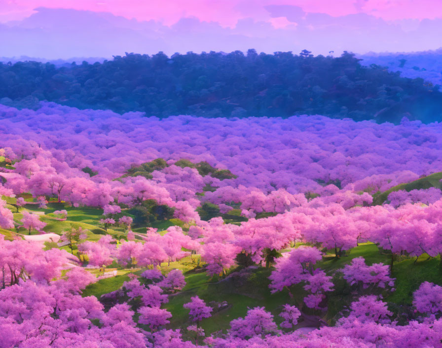 Surreal Landscape with Vibrant Pink Trees and Soft Purple Sky