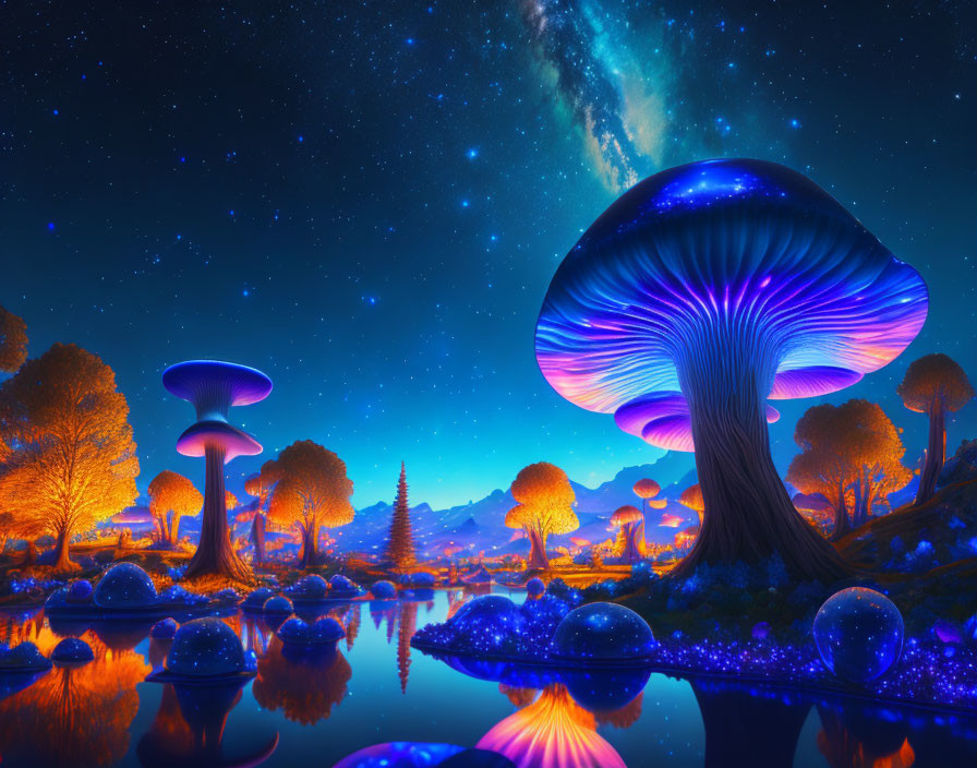 Night landscape: Glowing oversized mushrooms by serene lake under starry sky