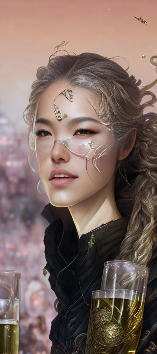 Silver-haired woman with gold facial jewelry in digital portrait against cityscape.