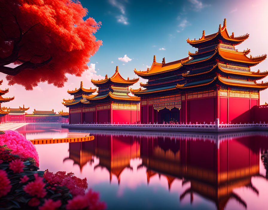 Chinese architectural complex with tiers, water reflection, pink sky, vibrant trees.