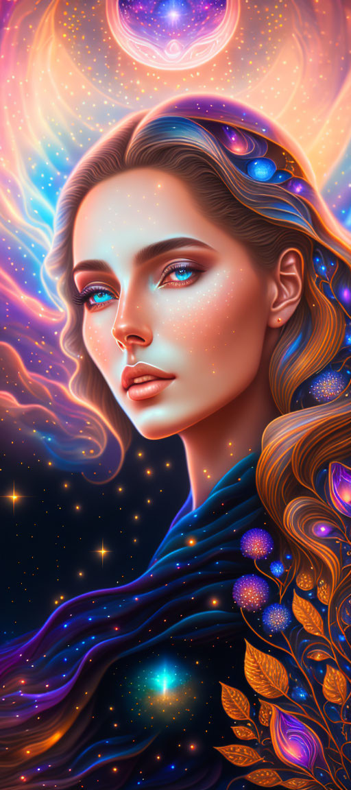 Vibrant cosmic digital portrait of a serene woman