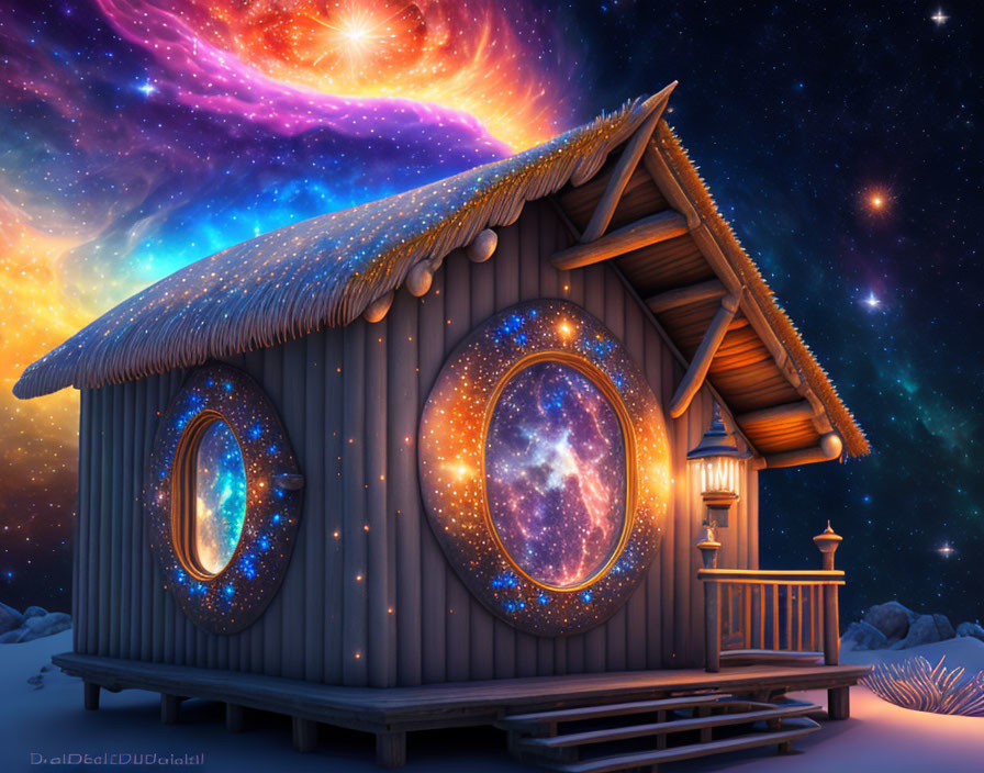 Galaxy-themed wooden cabin under starry night sky