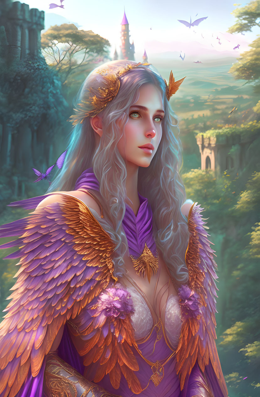 Fantastical female figure with purple-feathered wings and golden leaf crown in front of a castle