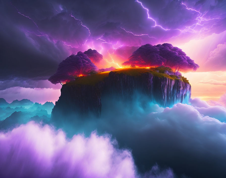 Floating Island with Lush Trees under Stormy Purple Sky