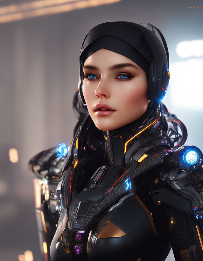 Futuristic digital artwork of female character in black and orange suit