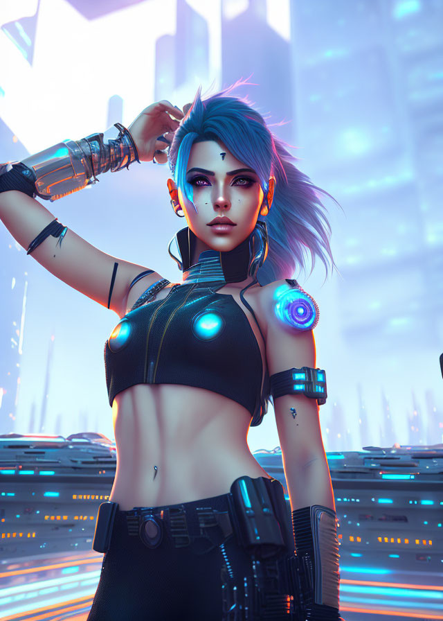 Stylized female figure with blue hair and cybernetic arms in neon-lit cityscape