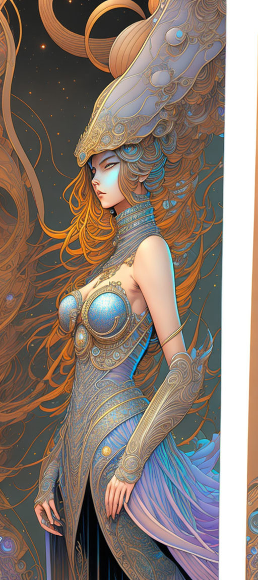 Ethereal woman in ornate armor on cosmic background