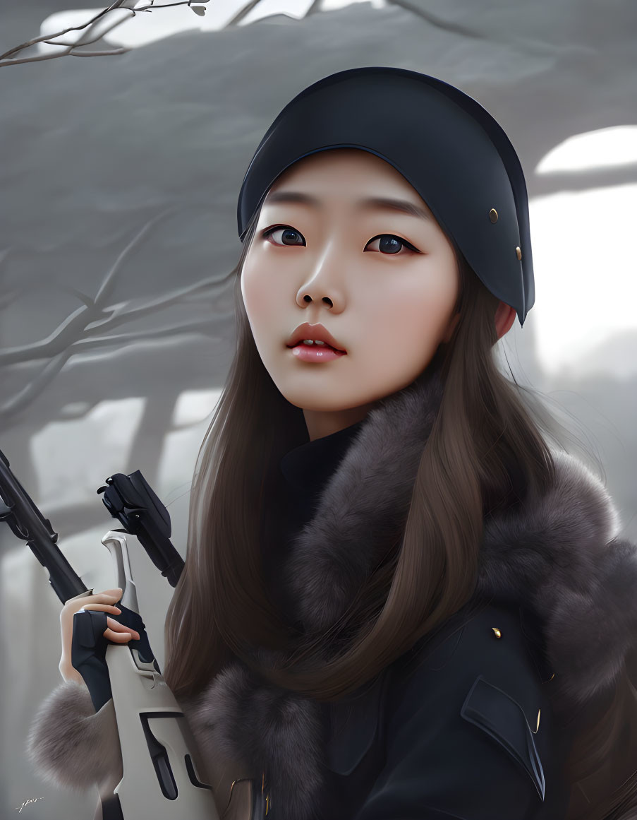 Digital artwork of woman in black coat with fur detail holding white rifle