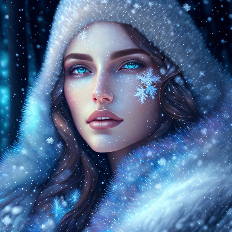 Blue-eyed woman with snowflakes on face in white fur hood amidst snowy scene