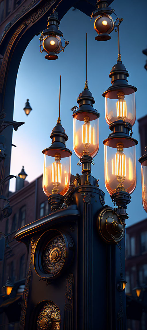 Vintage street lamps illuminate cobblestone street at dusk