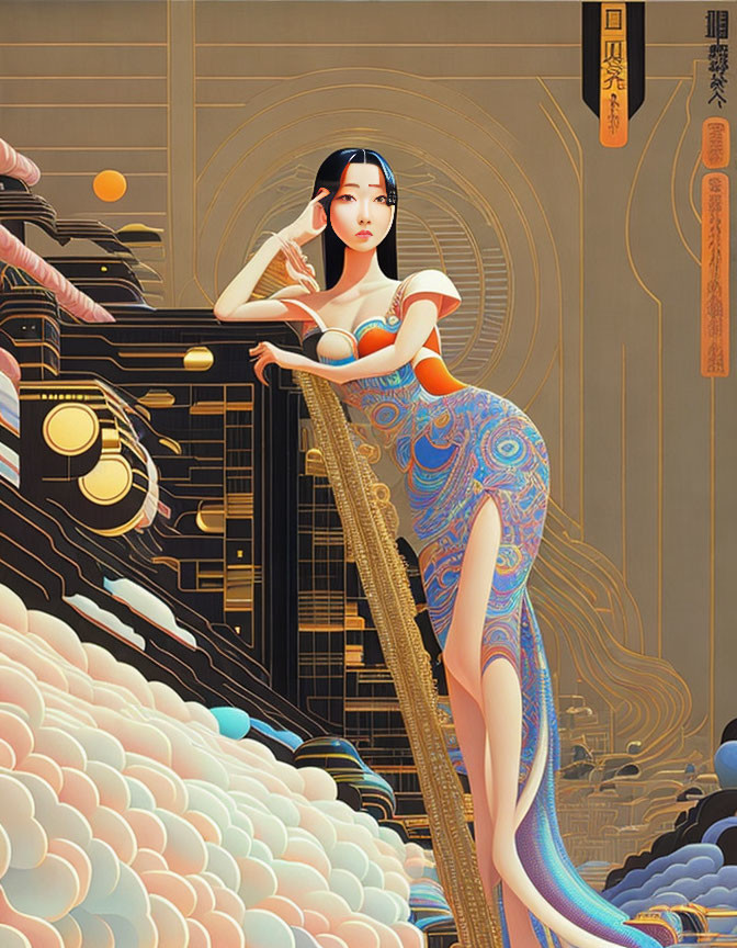 Futuristic kimono illustration with blend of traditional and modern elements