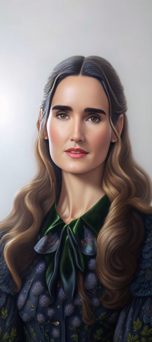 Portrait of Woman with Long Wavy Hair and Green Eyes in Green Bow-Tie Blouse