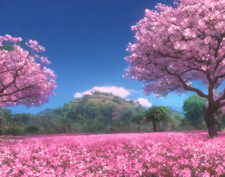 Vibrant pink cherry blossom trees in scenic landscape