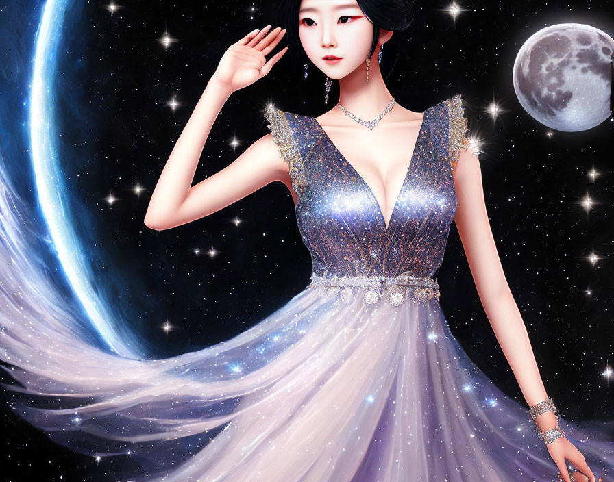 Animated woman in celestial gown under starry sky