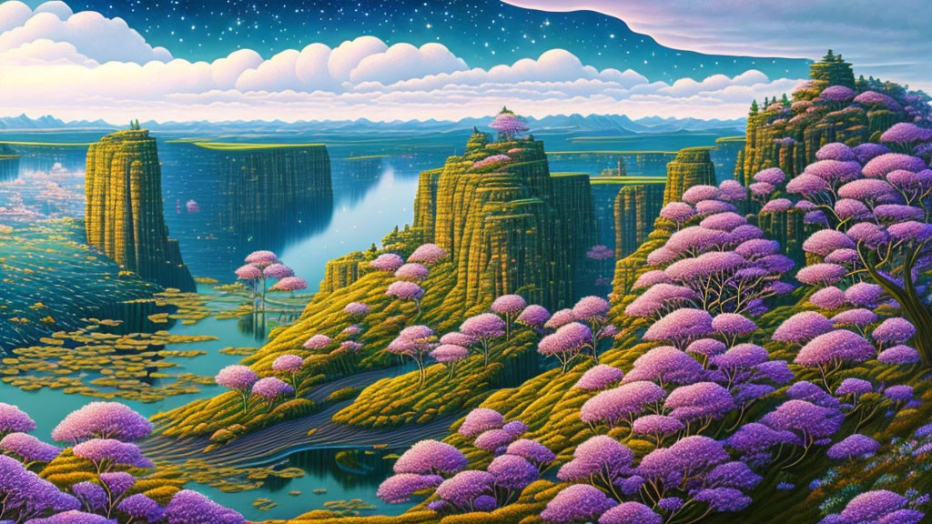 Fantasy landscape with towering cliffs, serene lake, vibrant purple trees, starry sky