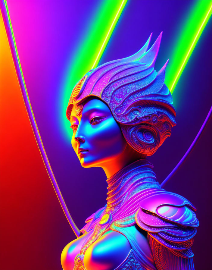 Colorful digital art: stylized female figure in intricate armor on neon rainbow backdrop