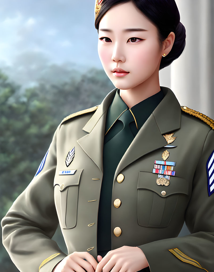 Woman in formal military uniform with badges and serious expression