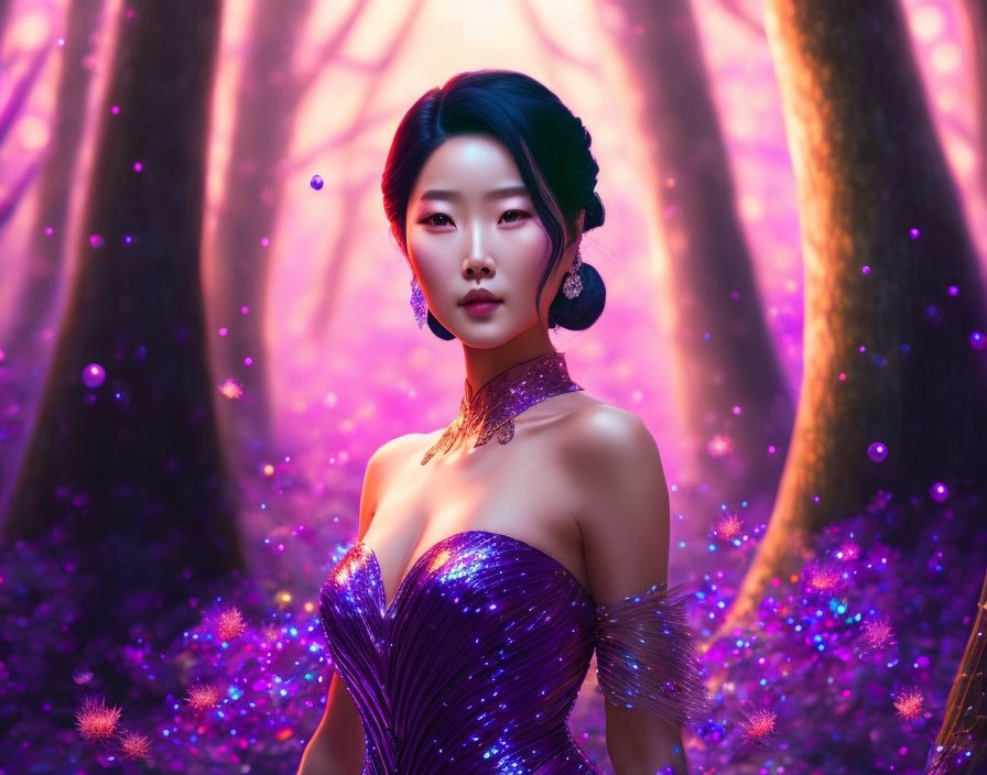 Serene woman in purple dress in mystical forest with glowing particles