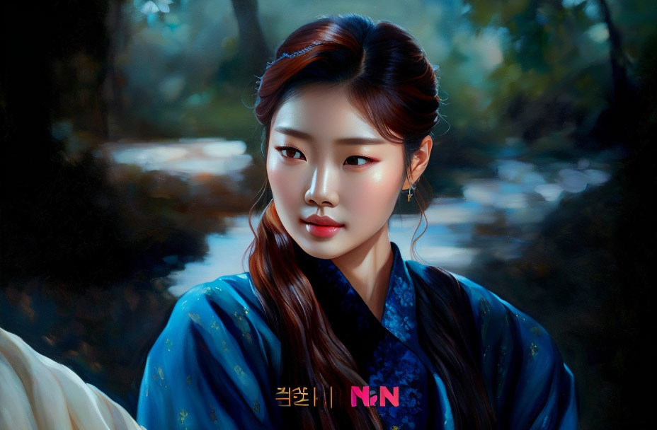 Digital painting: Woman in blue Korean hanbok with elegant updo