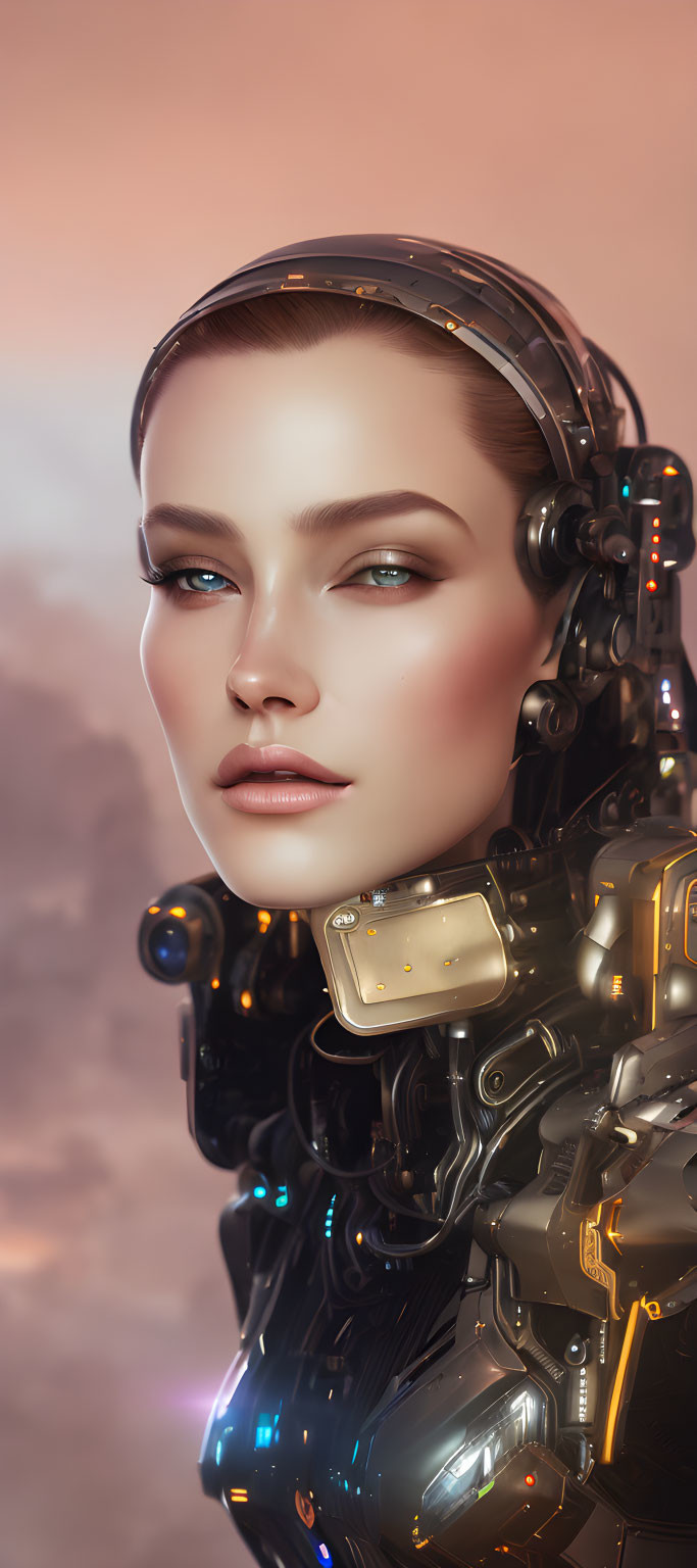 Futuristic digital artwork: Female in robotic suit with headset